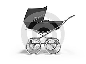 3D rendering black baby stroller with trunk in side view white background with shadow