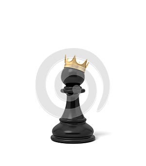 3d rendering of a black chess pawn piece with a golden crown sitting on top of it.