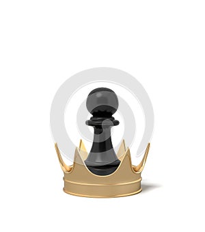 3d rendering of a black chess pawn standing inside a giant golden crown on a white background.