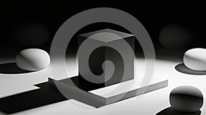 A 3D rendering of a black cube on a white platform, surrounded by white spheres.