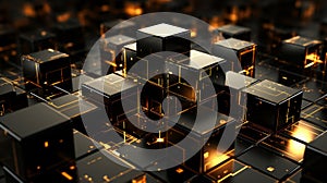 3d rendering of black and gold cubes on a black background