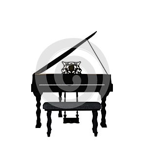 3D rendering of a black grand piano and stool isolated on white