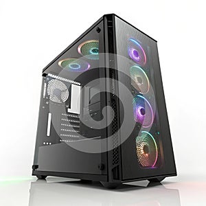 3D rendering of a black PC case with colored lights