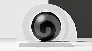 A 3D rendering of a black sphere on a white platform.