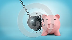 3d rendering of a black swinging wrecking ball breaks itself when collides with a large piggy bank.