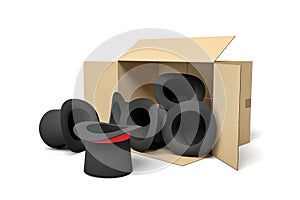 3d rendering of black top hats falling out of a carton box