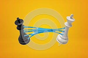 3d rendering of black and white chess kings, connected with blue sticky slime, against amber background. photo