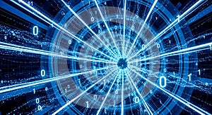 3d rendering blue binary code tunnel digital data flow speed background abstract cyber information technology internet matrix