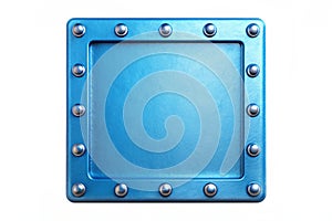 Painted blue metal with rivets in the shape of a square in the center on white background. 3d rendering photo