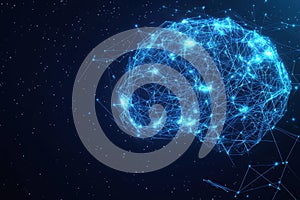 3D rendering of a blue polygonal brain hologram. Concept of AI and machine learning.