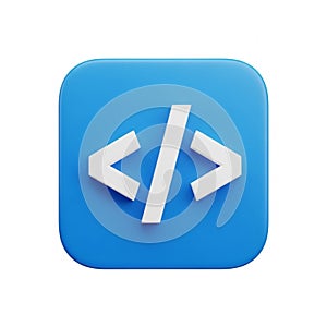 3D Rendering of a Blue Square Icon with White Code Brackets Symbol coding programming