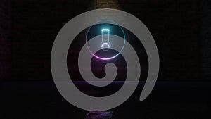 3D rendering of blue violet neon symbol of exclamation circle icon on brick wall