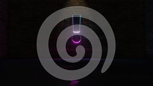 3D rendering of blue violet neon symbol of exclamation icon on brick wall