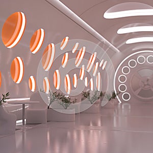 3D-illustration of a bright and light corridor on a scifi spaceship