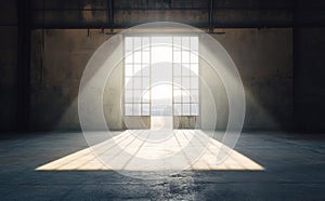 In a 3D rendering, bright light pours into the hangar through its open doors