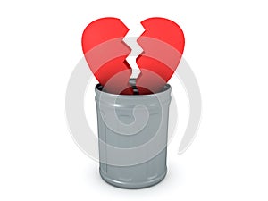 3D Rendering of broken heart in garbage can