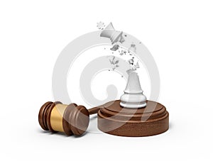 3d rendering of broken white chess king, its crumbs in air, standing on sounding block with gavel beside. photo