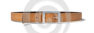 3d rendering of a buckled brown leather belt lying on a white background.