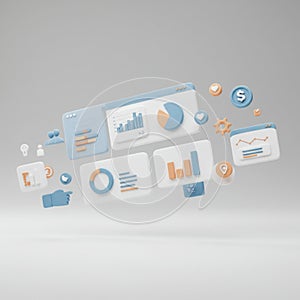 3D Rendering of Business Analytics Dashboard with Charts and Data on White Background