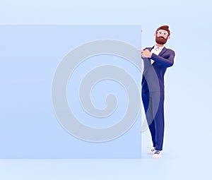 3D rendering Businessman paper or sign isolated on blue, with plenty of copy space. 3D chraracter with blue free frame