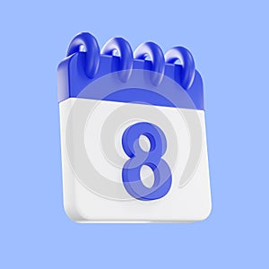 3d rendering calendar icon with a day of 8. Blue and white color