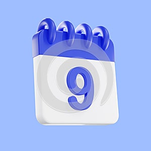 3d rendering calendar icon with a day of 9. Blue and white color