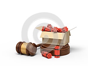 3d rendering of cardboard box full of dynamite standing on sounding block with judge gavel lying beside block. photo