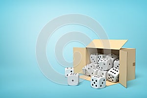 3d rendering of cardboard box lying sidelong full of white dice with black spots on blue background.