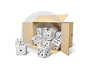 3d rendering of cardboard box lying sidelong full of white dice with black spots.