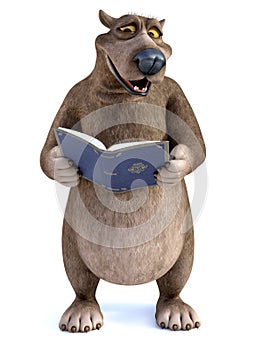 3D rendering of a cartoon bear reading a book. photo