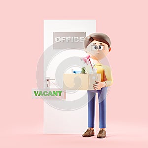 3d rendering. Cartoon character man with office box near office door photo