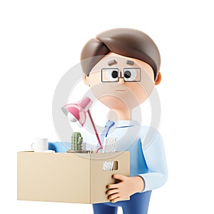 3d rendering. Cartoon character with office box with things, new job photo