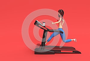 3d Rendering Cartoon Characters Woman Running Treadmill Machine on a Fitness Background