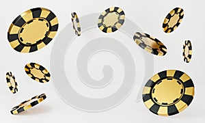 3D rendering of casino chips falling isolated on white background abstract. Black and golden casino game. Luxury gamble