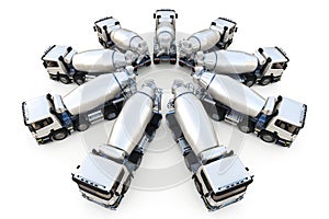 3D Rendering of Cement Mixer Trucks in a Row