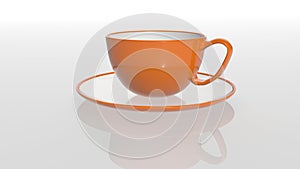 3D - rendering. Ceramic tea cup and plate on white background with reflection