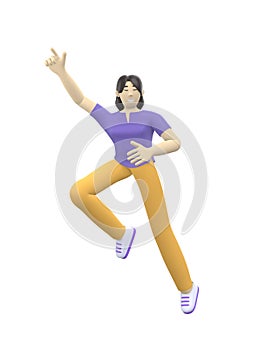 3D rendering character of an Asian girl jumping and dancing holding his hands up. Happy cartoon people, student, businessman.