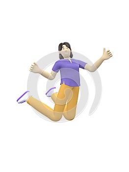 3D rendering character of an Asian girl jumping and dancing holding his hands up. Happy cartoon people, student, businessman.