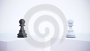 3d rendering. a chess black and white figures mounted on a white podium.