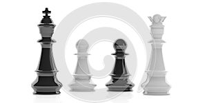 3d rendering chess king, queen and pawns on white background