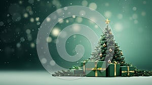 3D rendering of a Christmas tree and gifts on a green background. Generativ AI photo