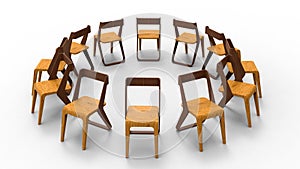 3D rendering - circular array of multiple wooden chairs