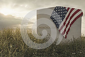 3d rendering of close up American flag laying on grave at the peaceful flower meadow to remember the memorial day