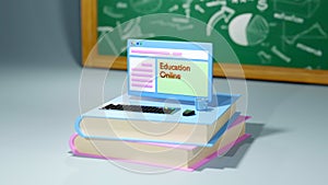 3D Rendering of closeup computer set on books that represents education online concept. Learning through the internet