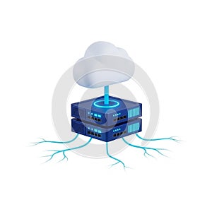 3D Rendering of Cloud Computing Server Rack with Glowing Blue Connections on White Background