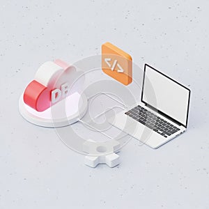 3D Rendering of Cloud Database Connected to a Laptop and Coding Icon cloud computing storage