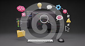 3D Rendering of Coding Environment with Icons and Tools