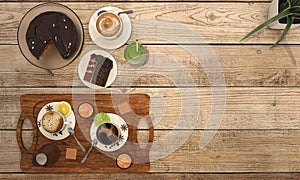 3d rendering coffee set with chocolate cake on wooden table photo
