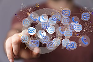 3d rendering of collection of emailing and messaging icons with a businessman in the background photo