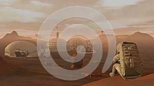 3D rendering. Colony on Mars. Astronaut sitting on Mars and admiring the scenery. Exploring Mission To Mars. Futuristic photo